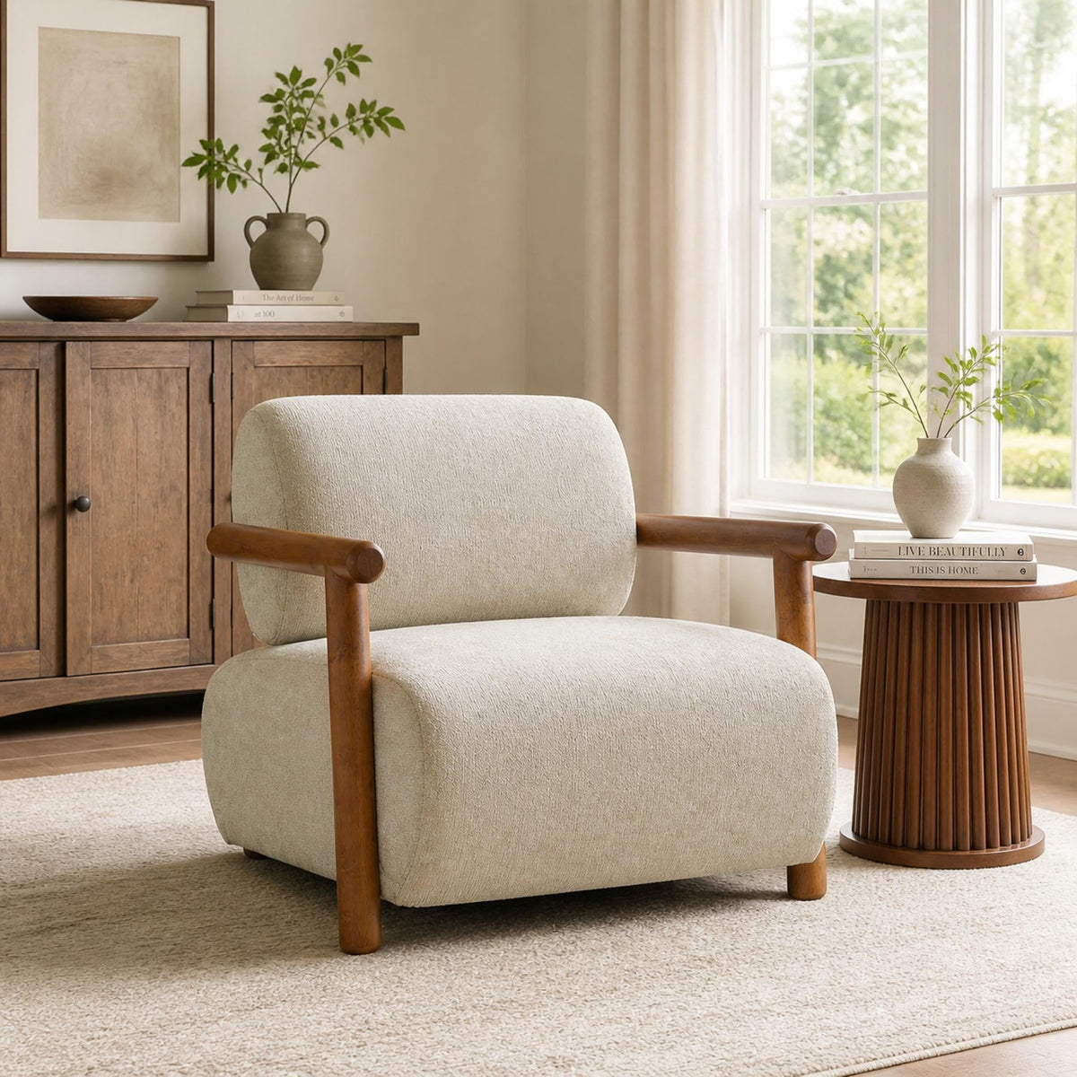 Chenille Accent Chair – Low-Profile Wood Frame