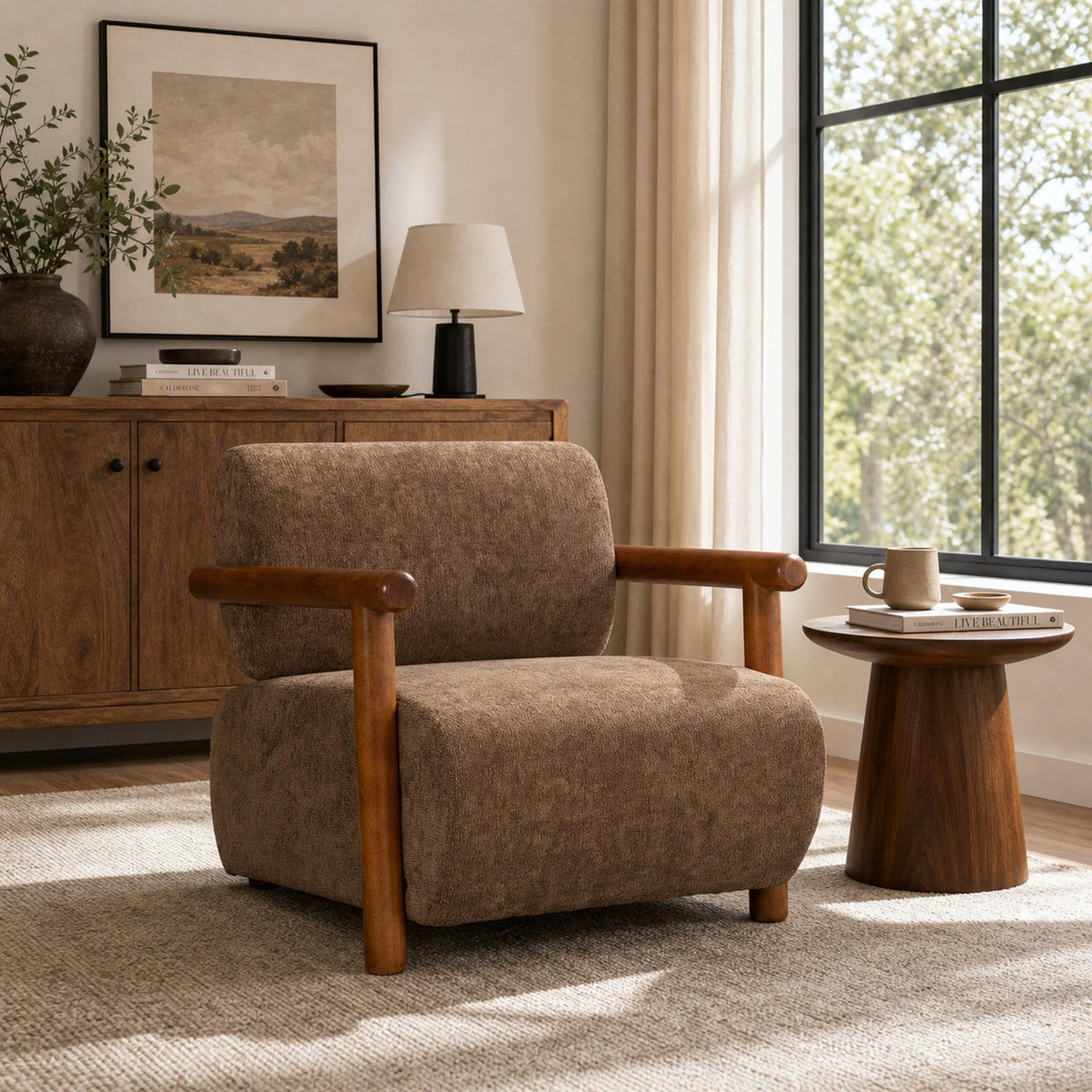 Chenille Accent Chair – Low-Profile Wood Frame