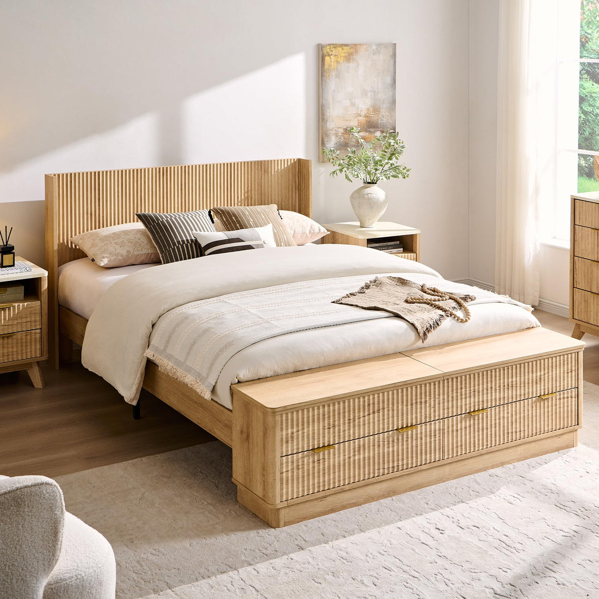 Fluted Platform Bed – Wingback Headboard & Storage