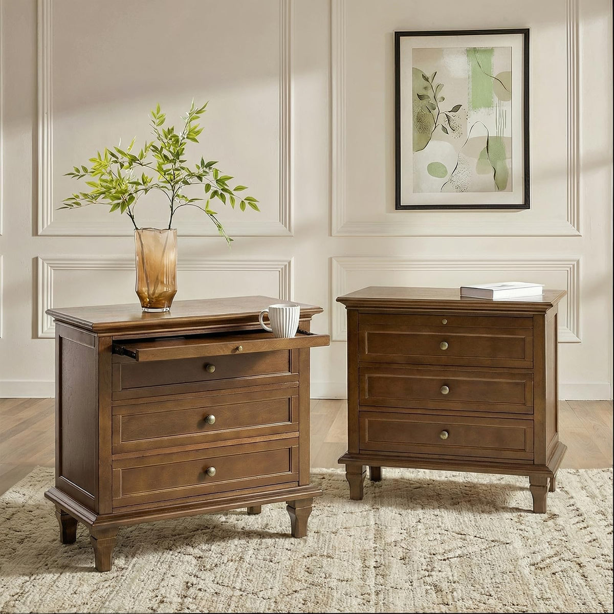 Farmhouse End Table with 3 Drawers and Charging