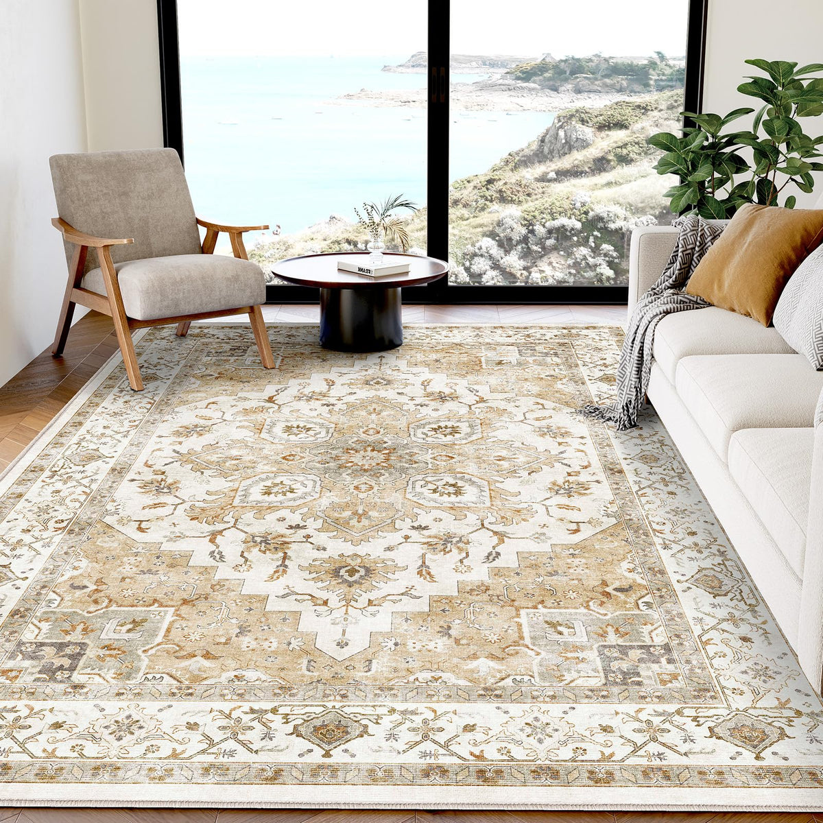 Washable Area Rug with Vintage Low Profile Design