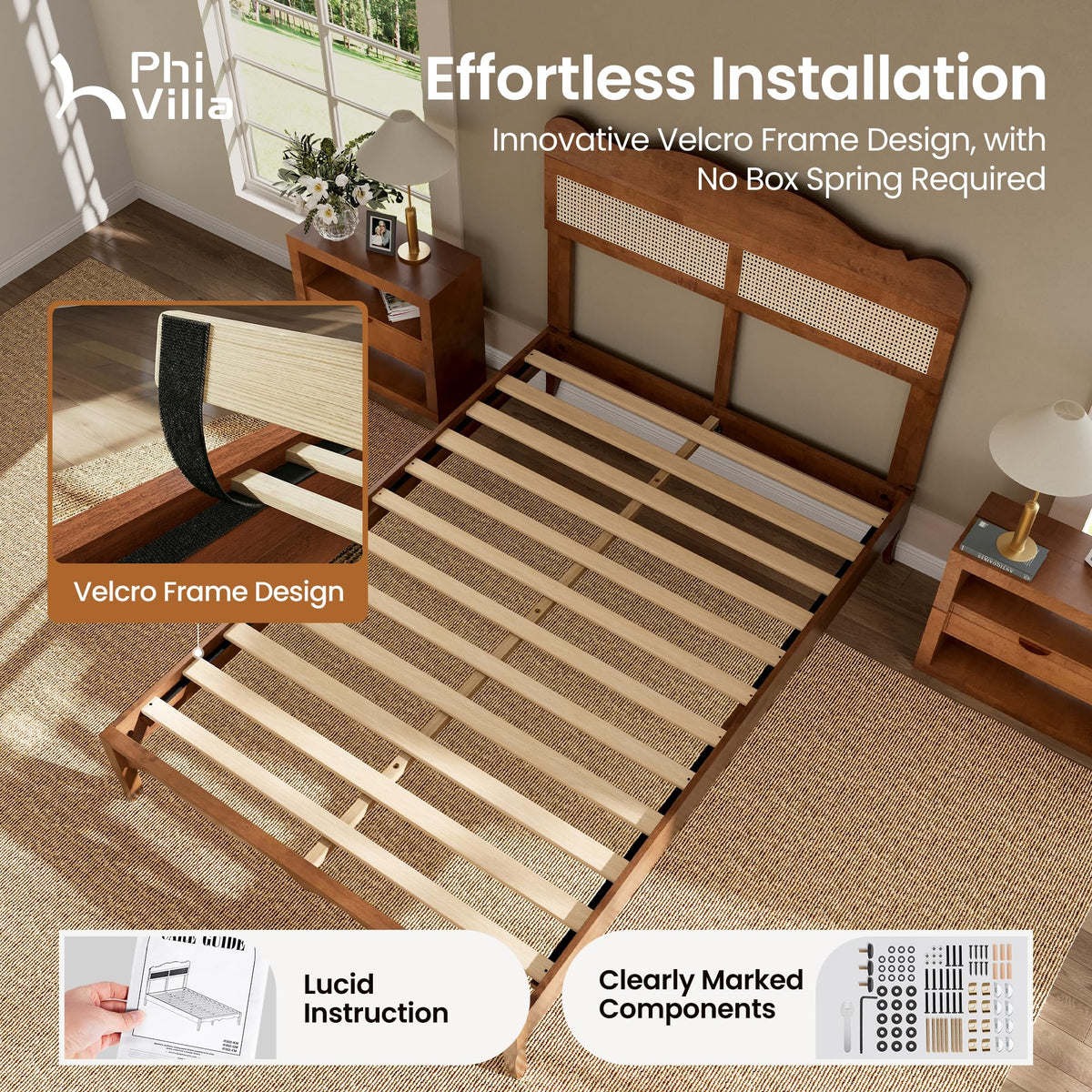 Wood Platform Bed – Rattan Headboard Design
