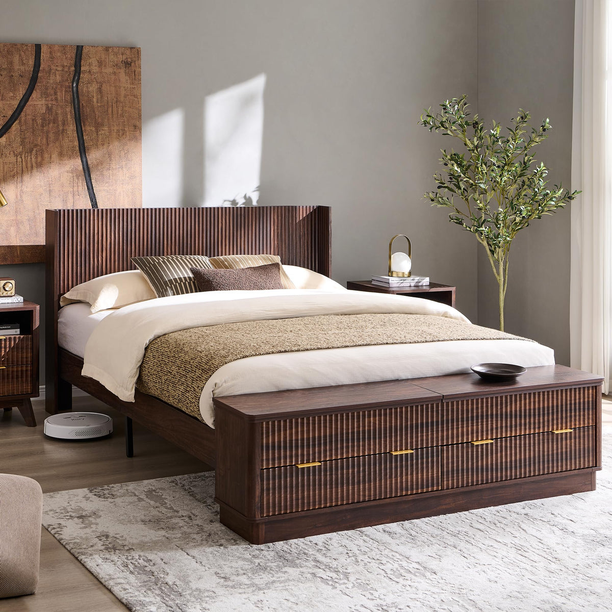 Fluted Platform Bed – Wingback Headboard & Storage