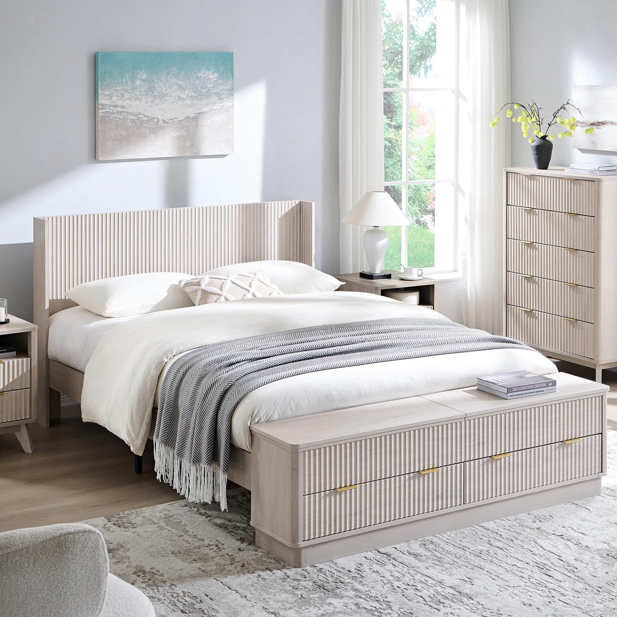 Fluted Platform Bed – Wingback Headboard & Storage