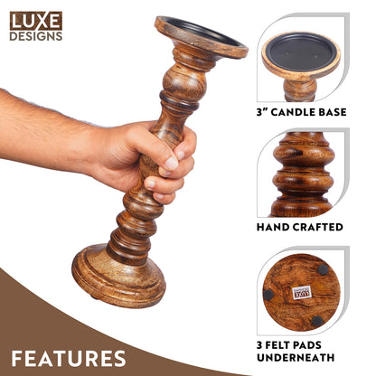 Mango Wood Pillar Candle Holders – Hand-Carved Set