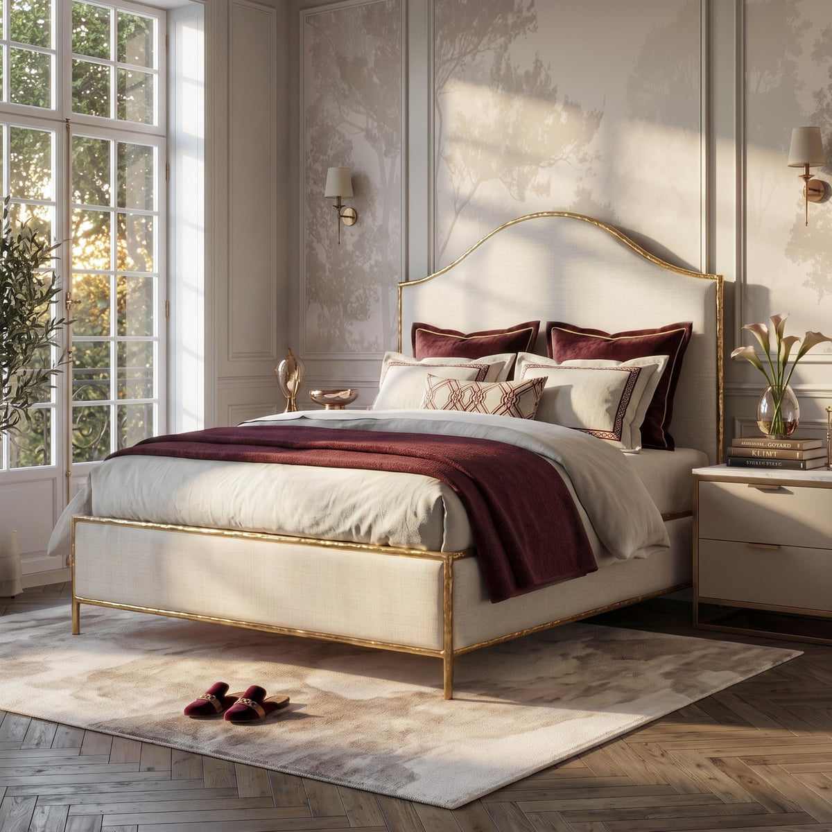 Metal Upholstered Bed – Tall Beige Linen Headboard