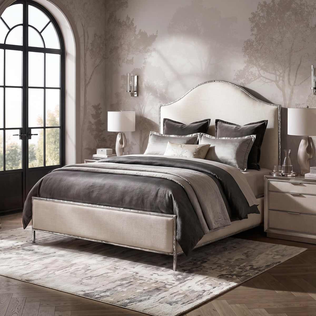 Metal Upholstered Bed – Tall Beige Linen Headboard