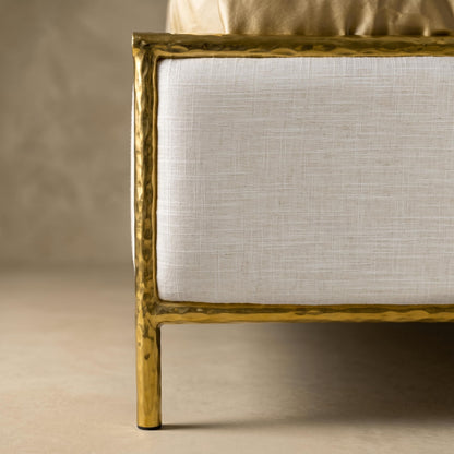 Metal Upholstered Bed – Tall Beige Linen Headboard
