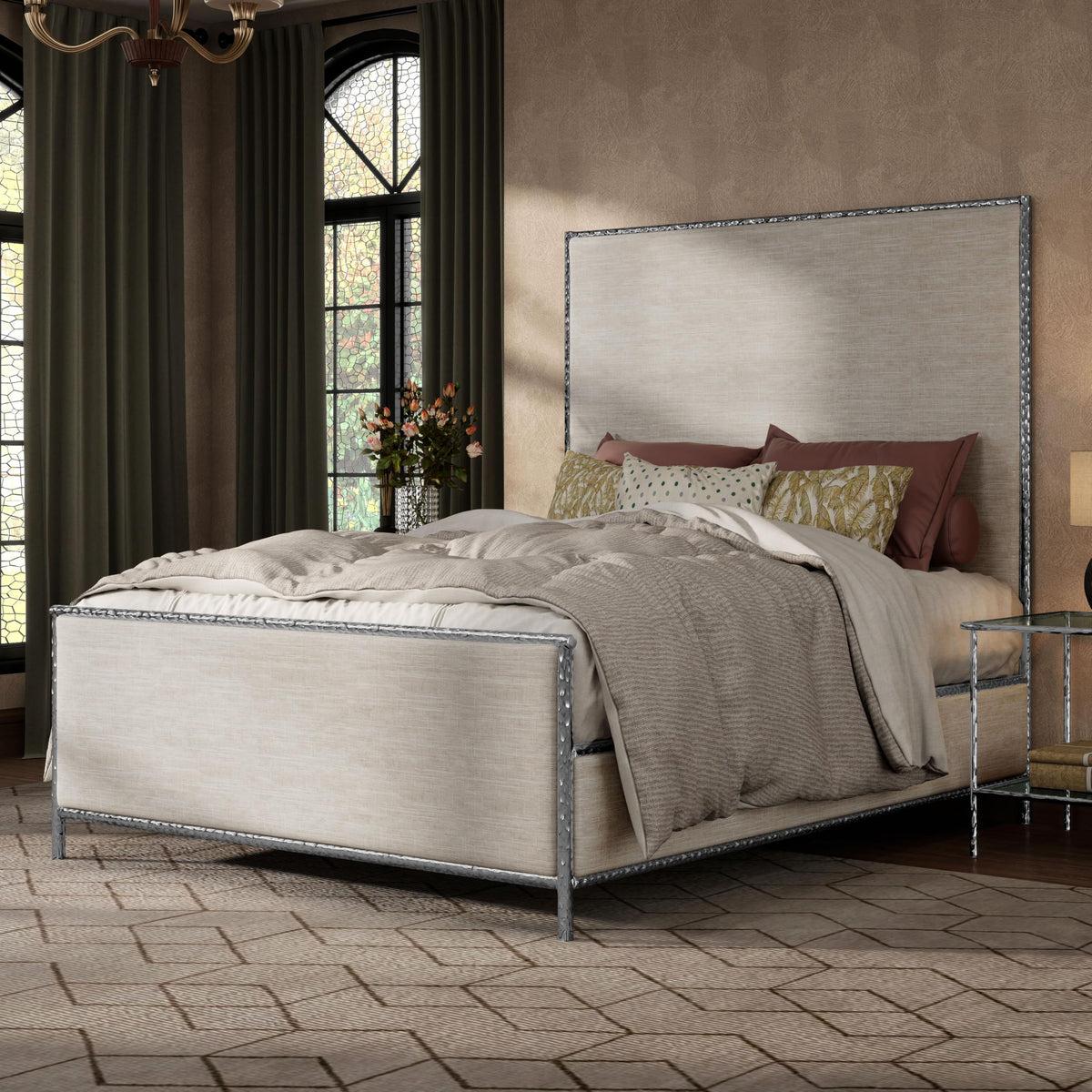Metal Upholstered Bed – Tall Beige Linen Headboard