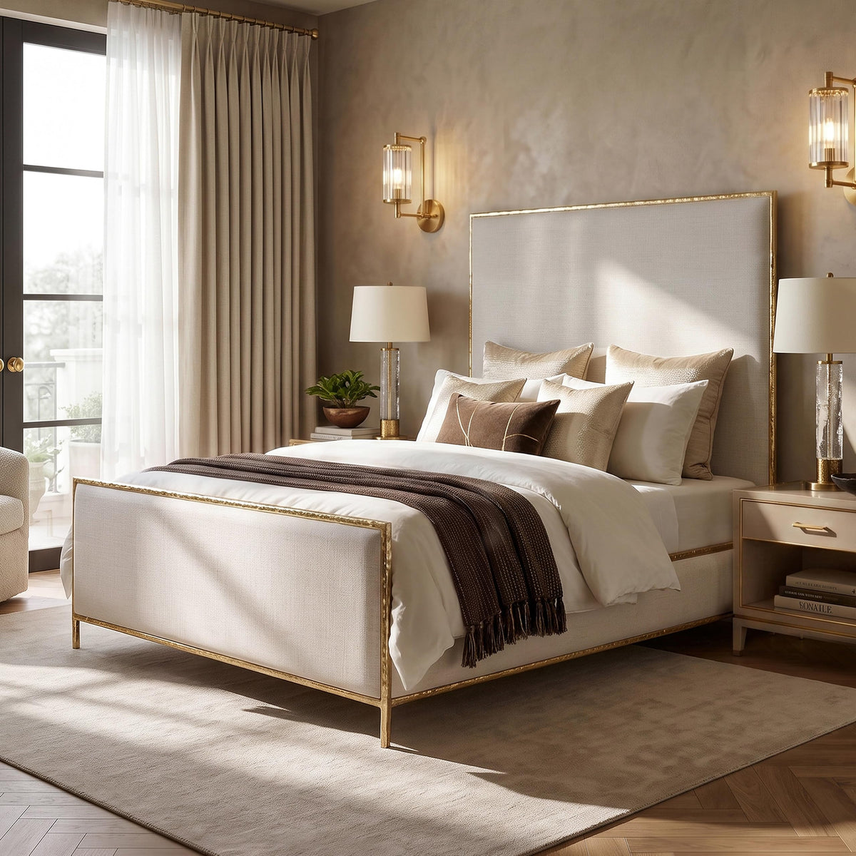 Metal Upholstered Bed – Tall Beige Linen Headboard