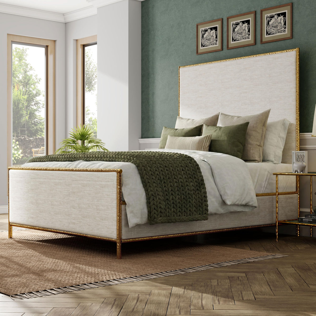 Metal Upholstered Bed – Tall Beige Linen Headboard