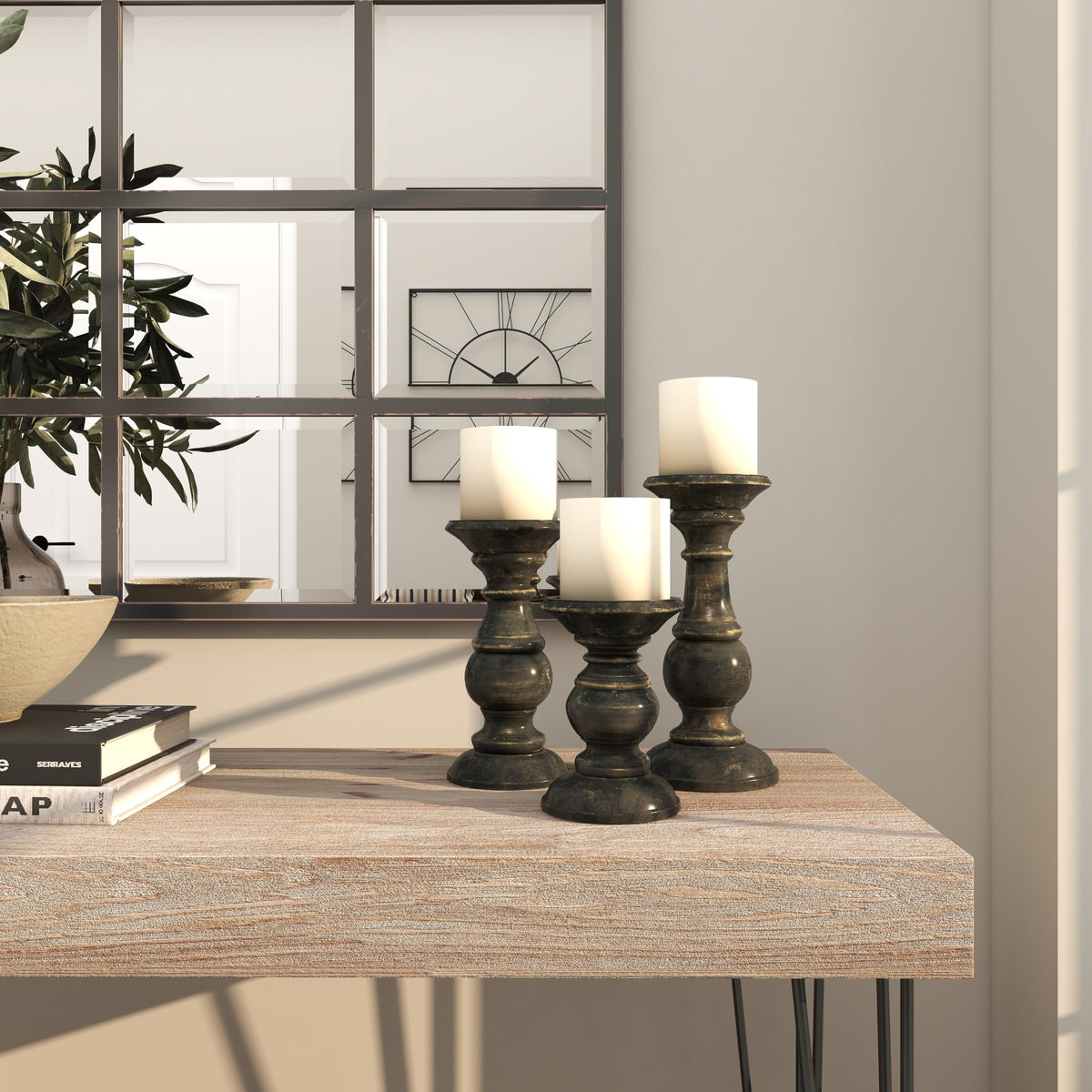 Wood Pillar Candle Holders – Traditional Set of 3