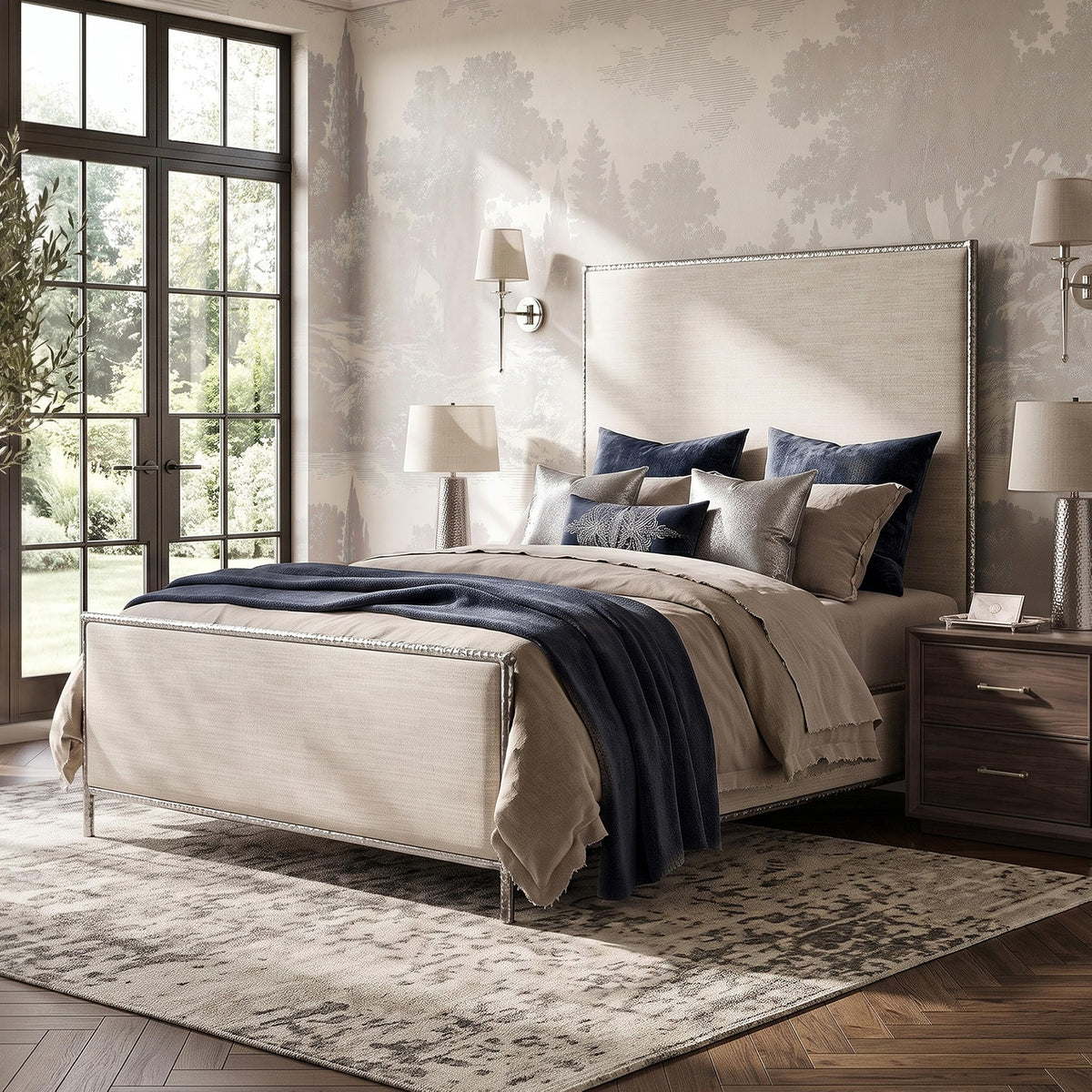Metal Upholstered Bed – Tall Beige Linen Headboard