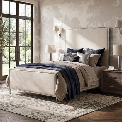 Metal Upholstered Bed – Tall Beige Linen Headboard
