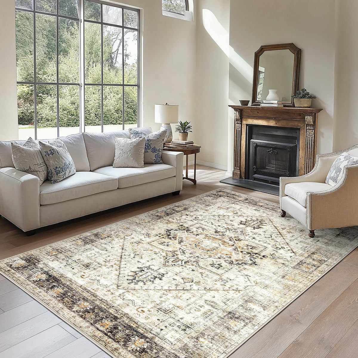 Washable Area Rug with Vintage Low Profile Design