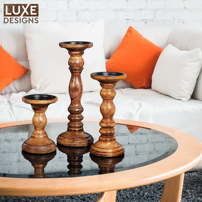 Mango Wood Pillar Candle Holders – Hand-Carved Set