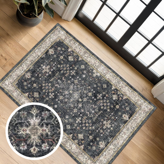 Washable Boho Area Rug with Geometric Floral Design